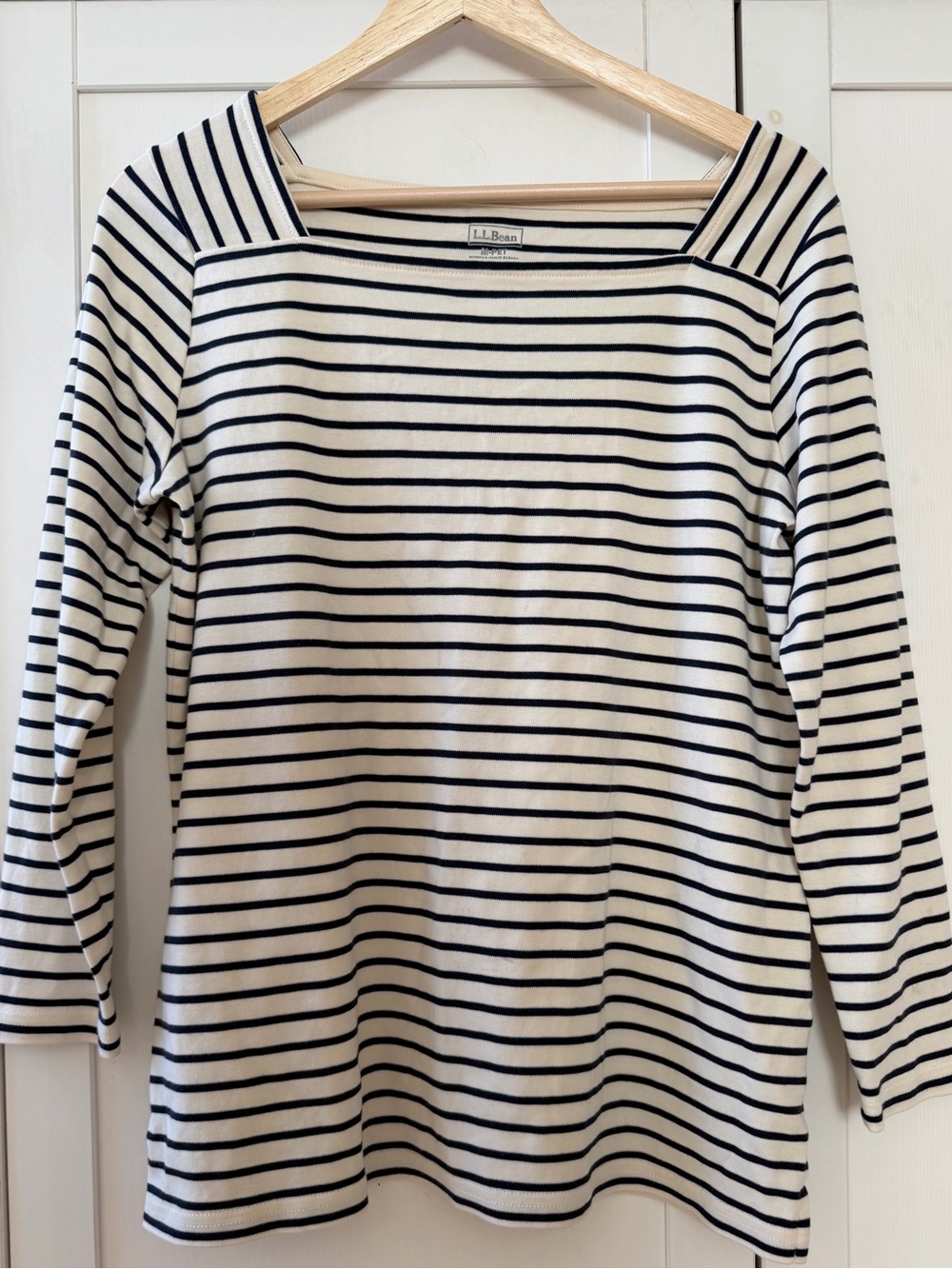 L.L. Bean Women's Cream Striped Square-Neck Long Sleeve Top Petite M very SOFT